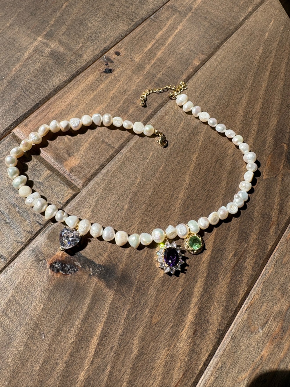 Pearl Necklace with Multi Gemstone Charms - White Pearls